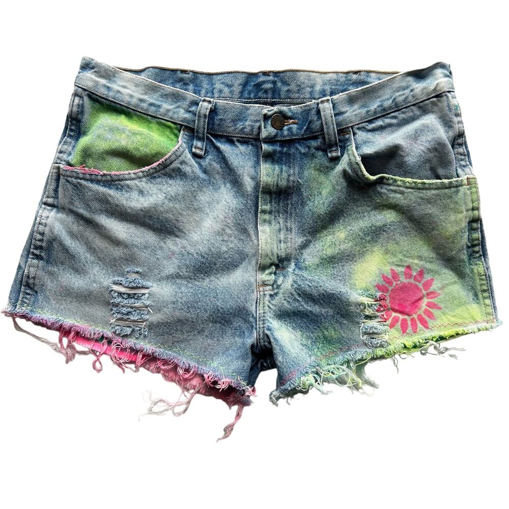 Vintage Reworked Distressed Cutoff High Rise Festival Shorts Size M Bleach Dye